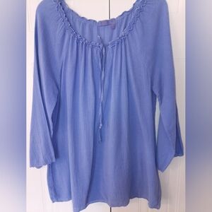Fresh Produce Periwinkle Blue Peasant Blouse Tie Neck And Ruffle Detailing Md/Lg